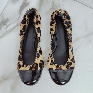 Tory Burch Abbey Leopard Print Calf Hair Patent Cap Toe Ballet Flats, 6